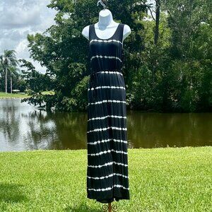 Kensie Tie Dye Navy & White Maxi Sleeveless Knit Tank Dress Rope Tie Front M